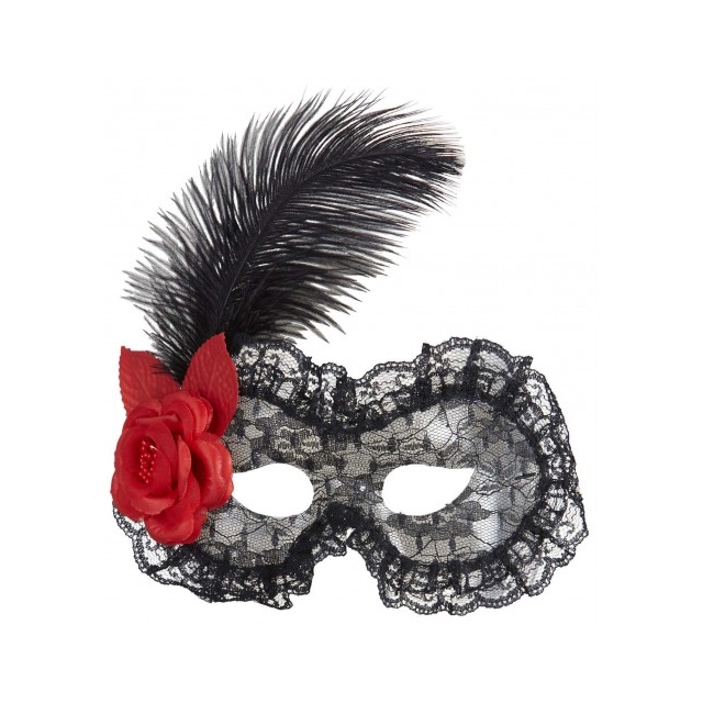 Domino-Maske schwarz mit Feder + Rose