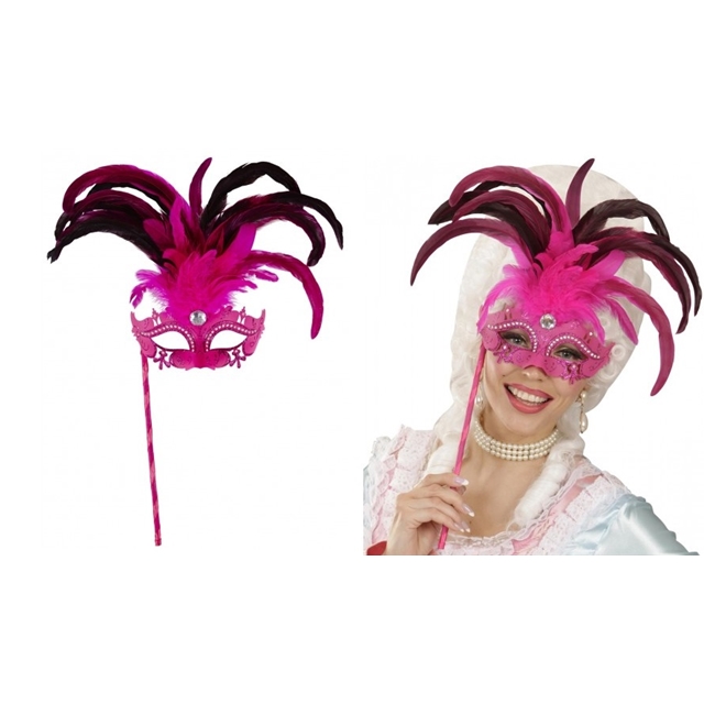 Augenmaske mit Stab, Federn und Edelsteinen pink