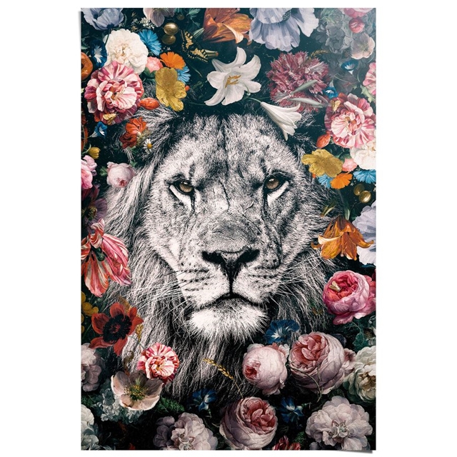 Lion With Flowers Poster