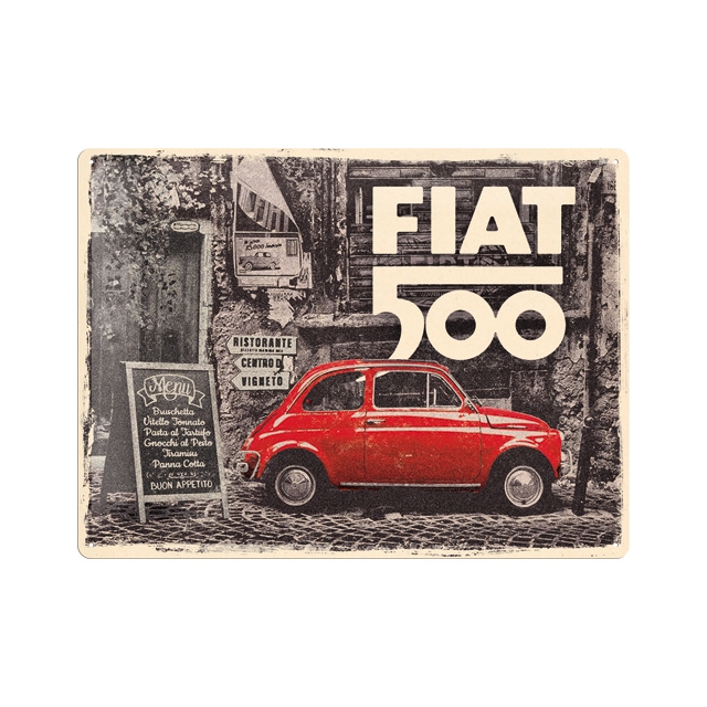 Fiat 500 - Red car in the street 30x40cm Blechschild