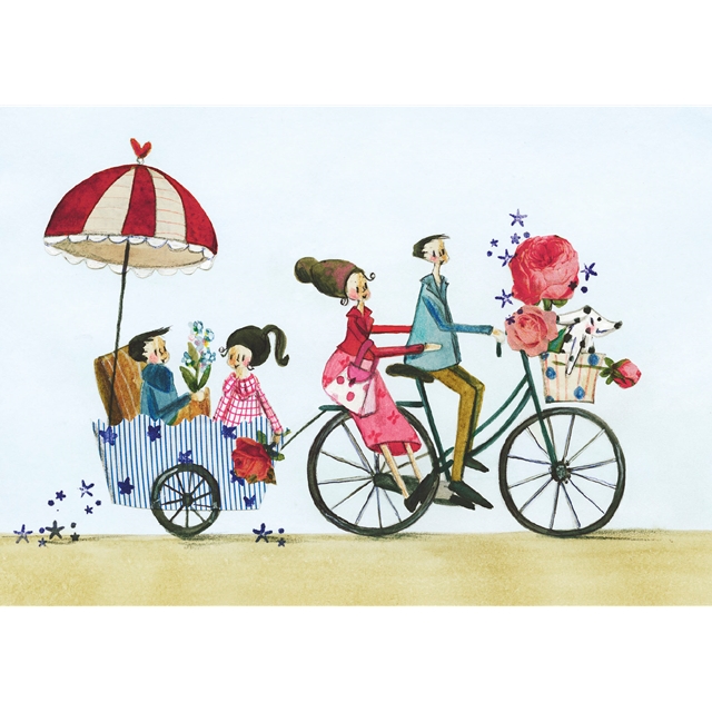 Familie mit Fahrrad Doppelkarte